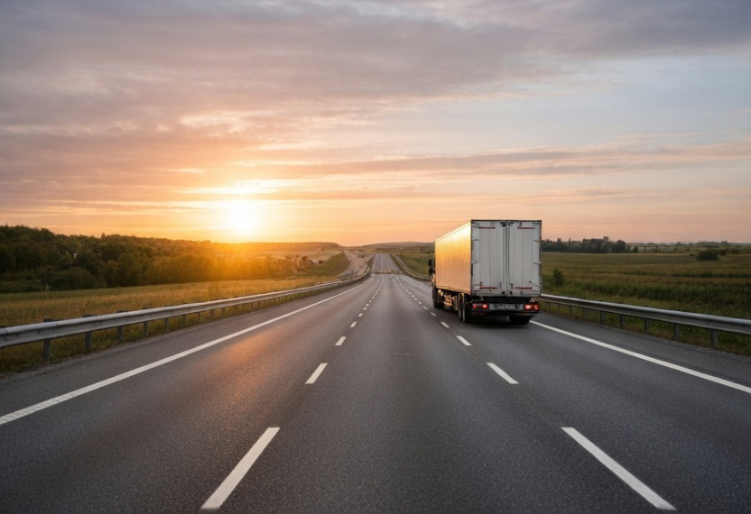 Вантажівка їде по трасі на заході сонця